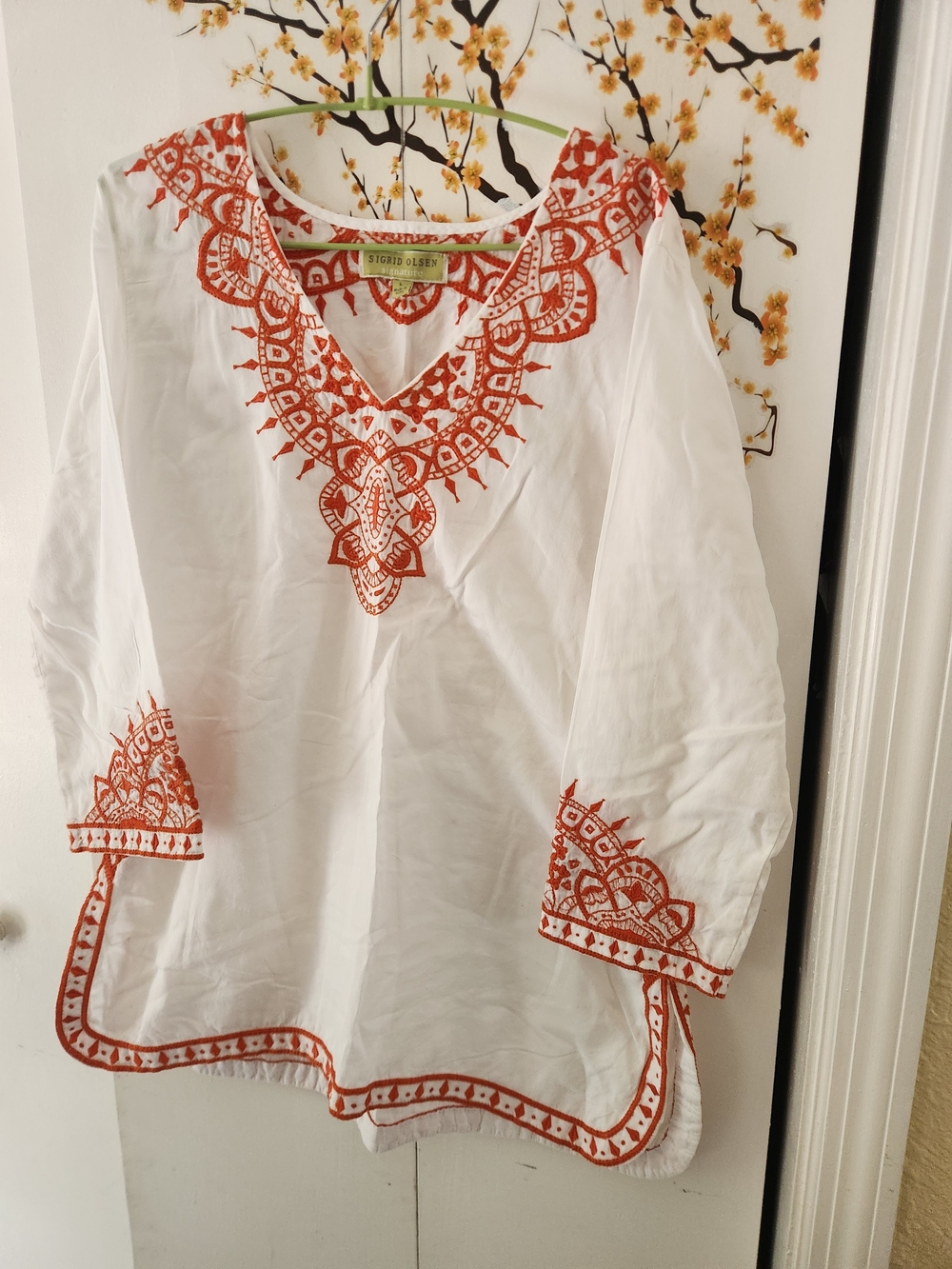 Sigrid Olsen White Tunic with Orange Embroidery
